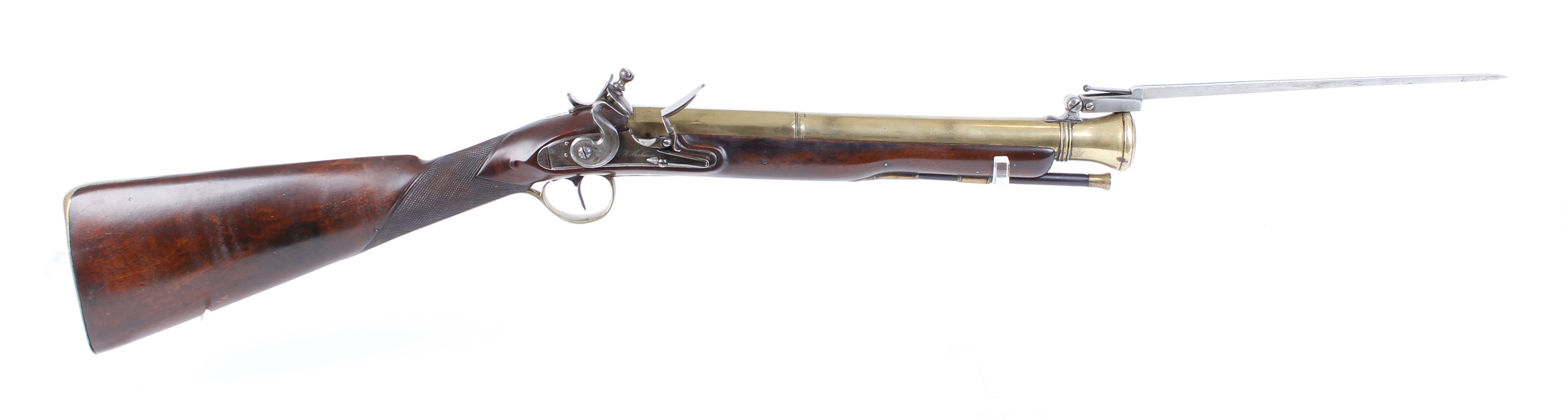 (S58) Flintlock Blunderbuss by H W Mortimer, 14 ins brass two stage full stocked bell mouth barrel w - Image 9 of 24