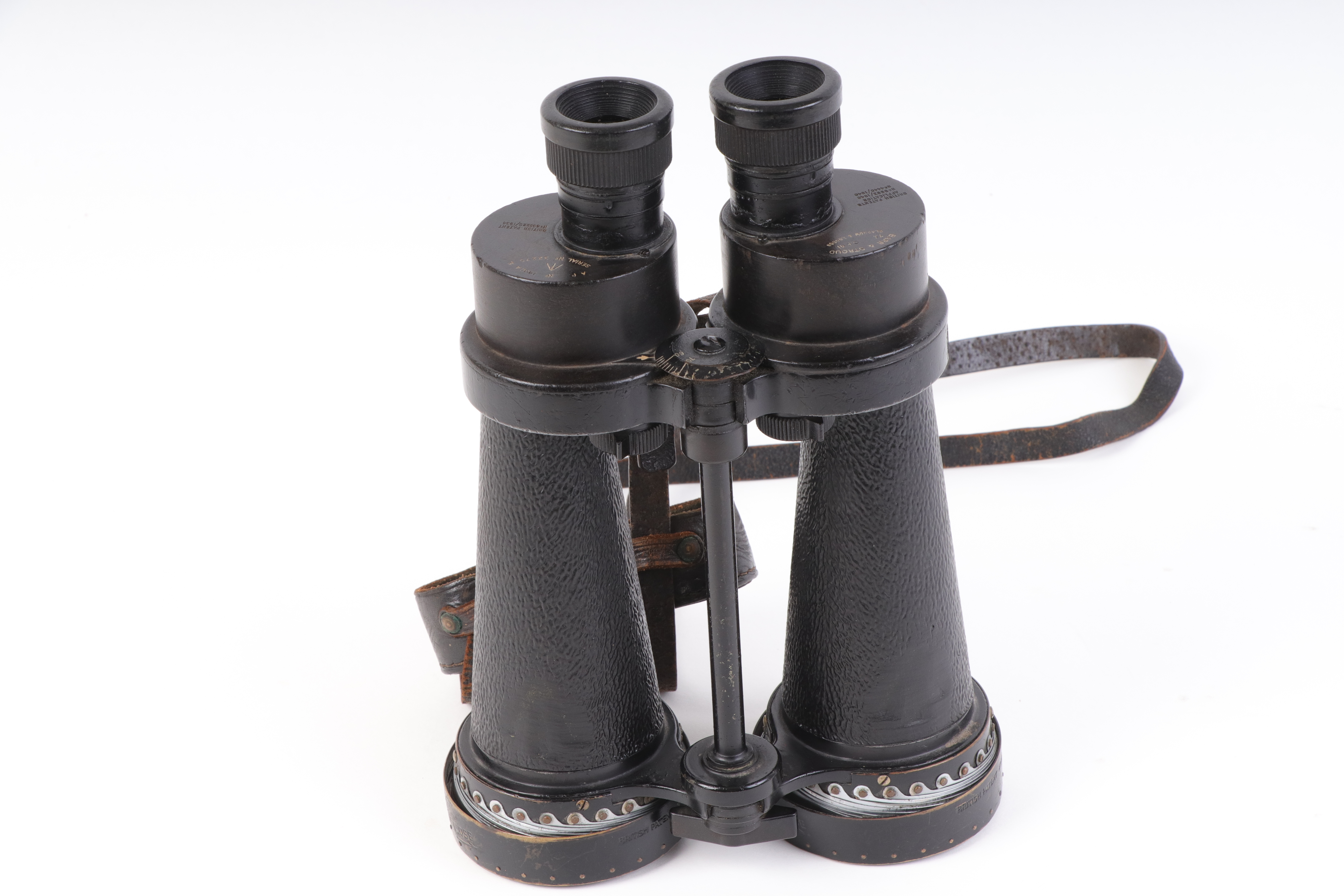 WWII Barr & Stroud C.F.41 7x military binoculars, broad arrow marks, with expanding weather shields - Image 12 of 14