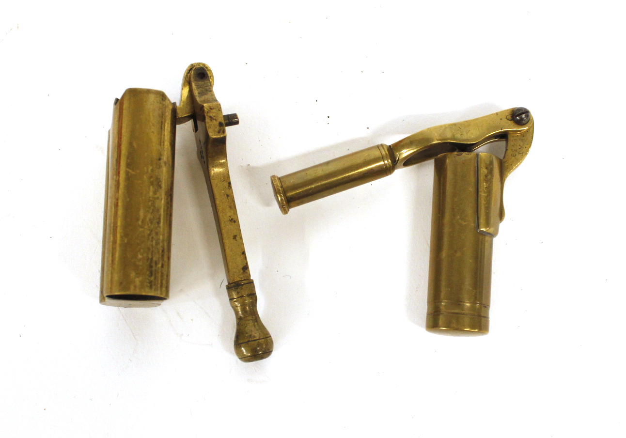 Brass 12 bore field capper by P Webley , no.7035; brass 12 bore capper/decapper, resizer by Henry Wa