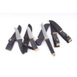 Sheath knife, 5¾ ins Tanto blade, rope grips; Boker knife, 4½ ins blade in maker's leather sheath; t
