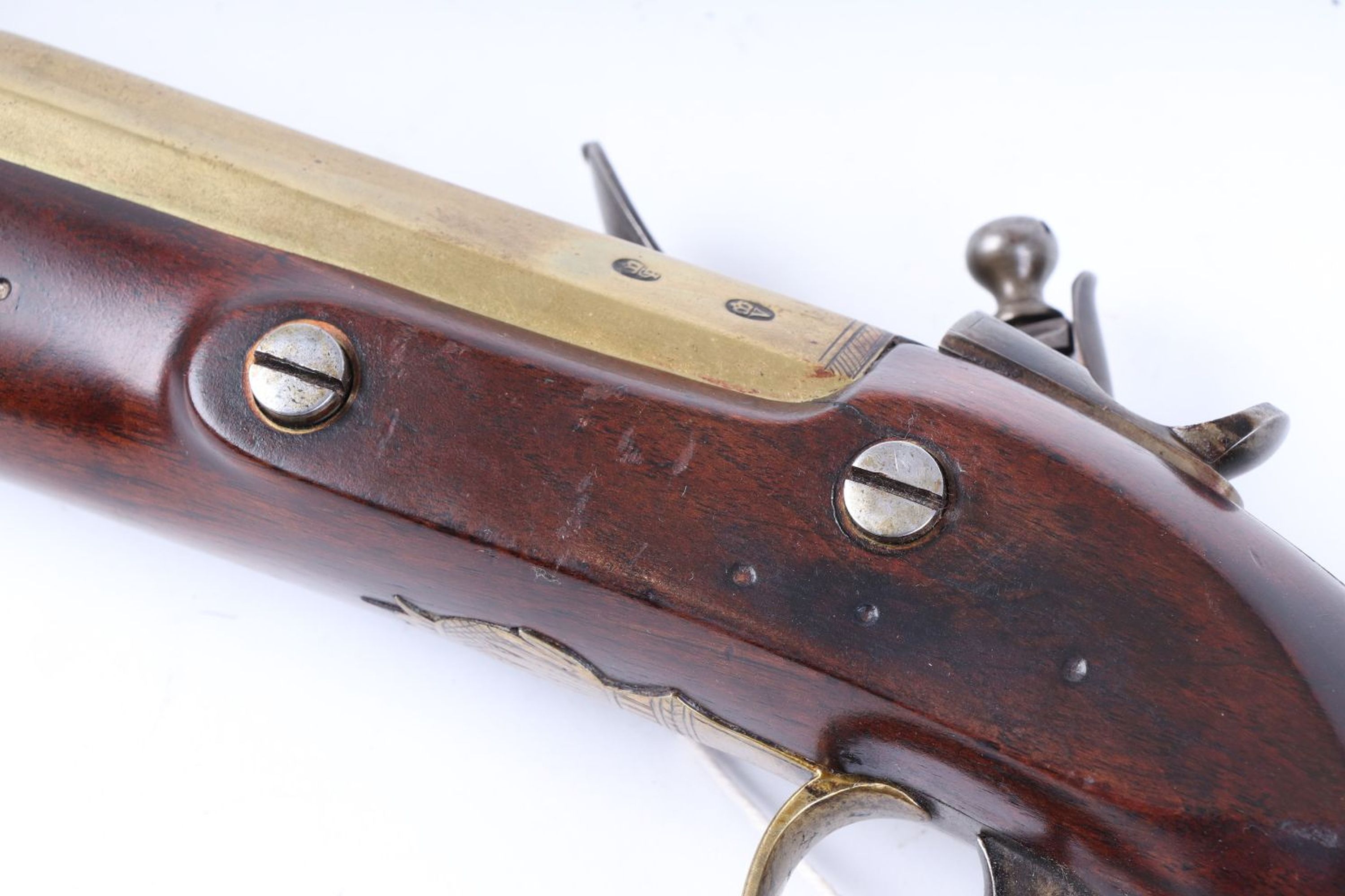 (S58) Flintlock Blunderbuss by H W Mortimer, 14 ins brass two stage full stocked bell mouth barrel w - Image 8 of 24