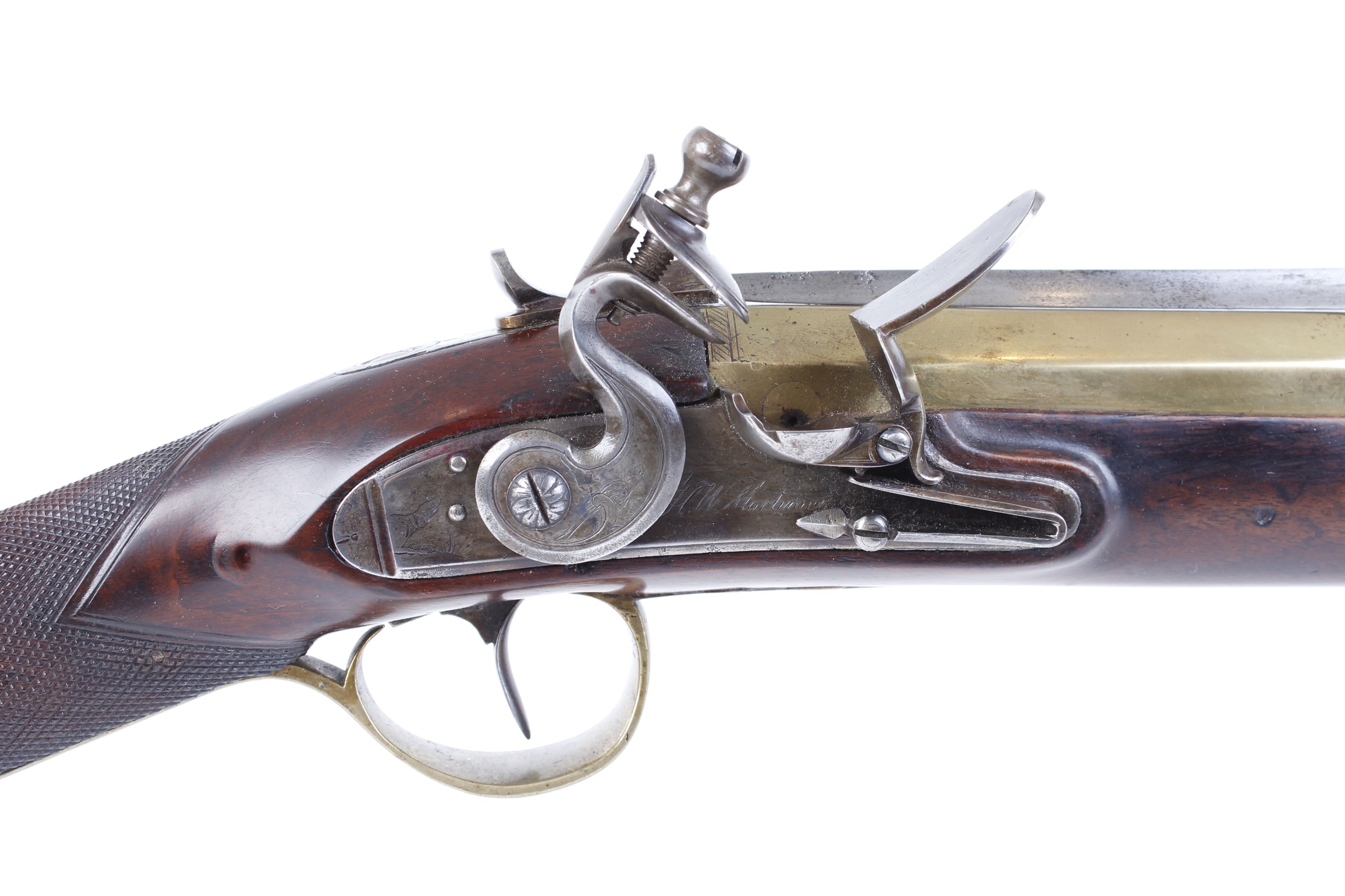 (S58) Flintlock Blunderbuss by H W Mortimer, 14 ins brass two stage full stocked bell mouth barrel w - Image 5 of 24