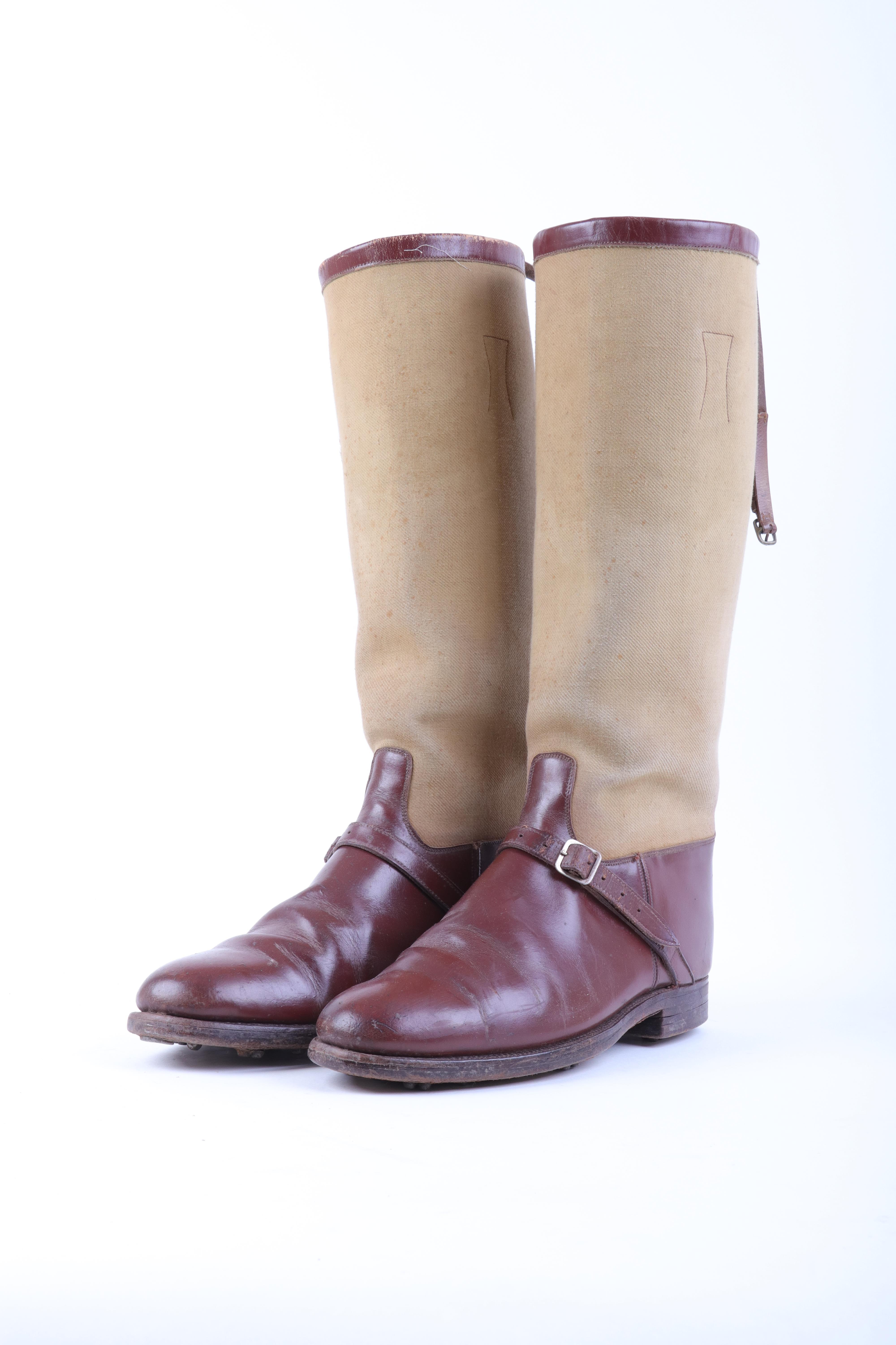 Pair of vintage hob-nail riding boots, brown leather and canvas, with a pair of boot trees (size 8)