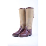 Pair of vintage hob-nail riding boots, brown leather and canvas, with a pair of boot trees (size 8)
