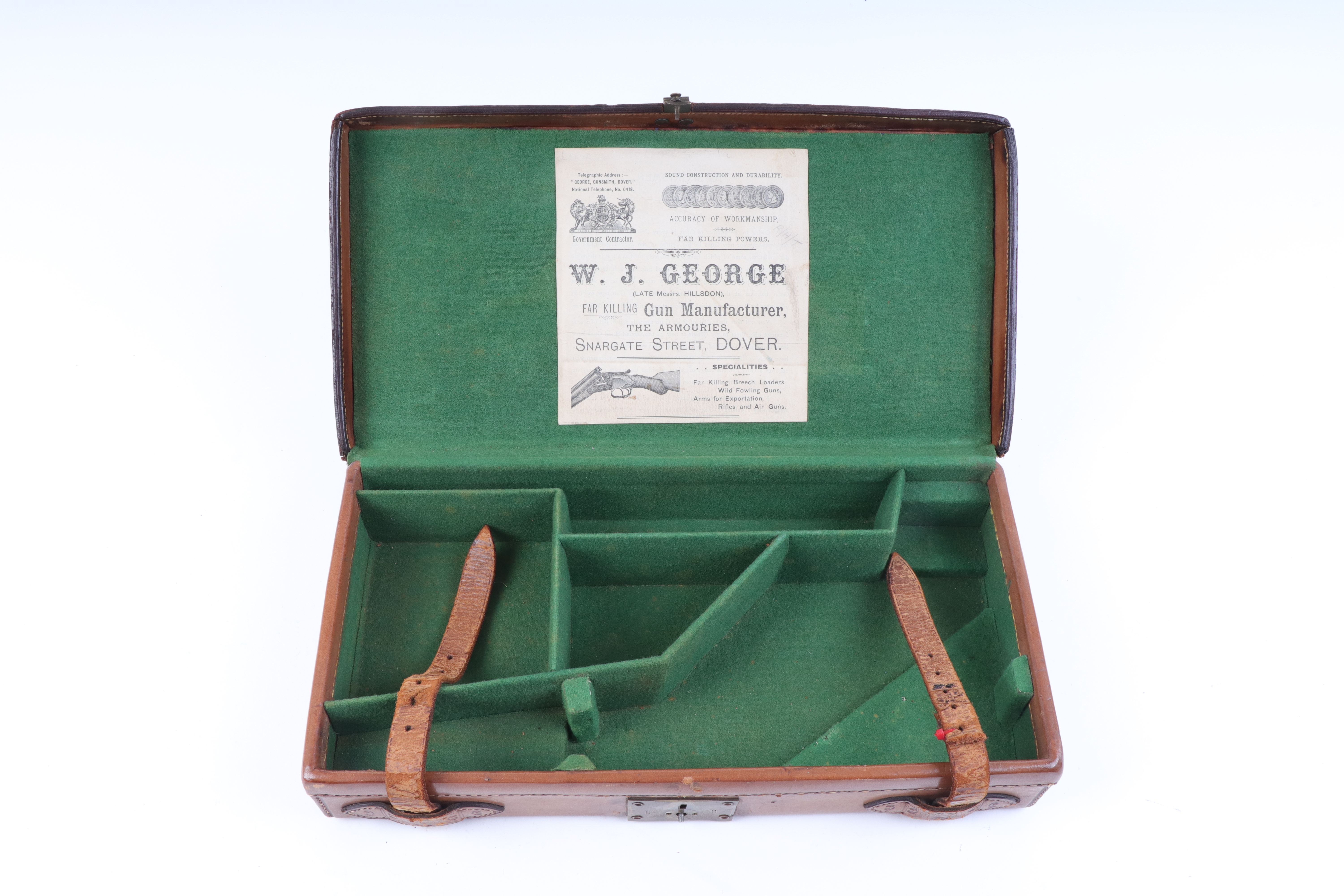 Tan leather pistol case, fitted 13 ins interior, W. J. George trade label