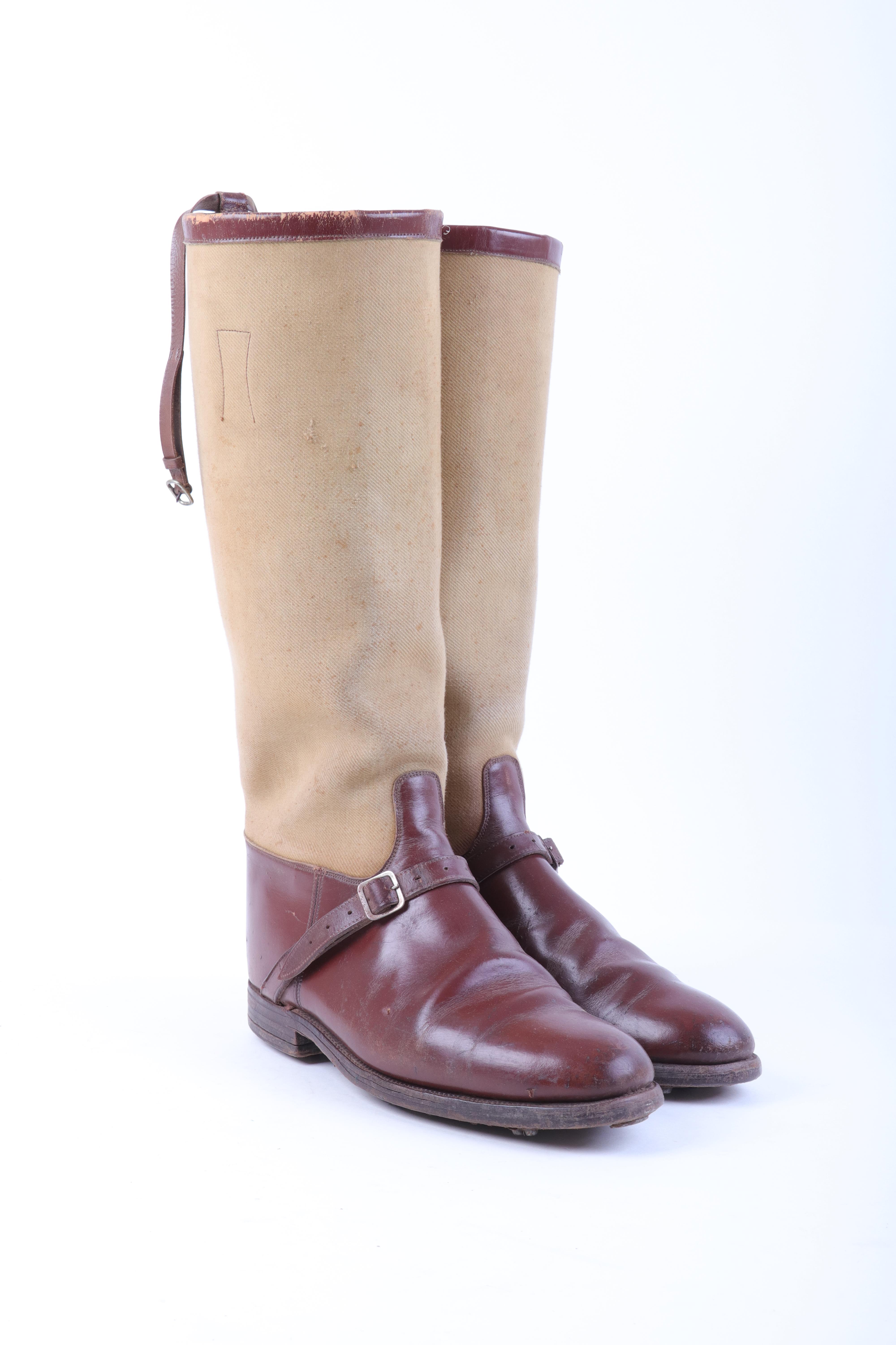 Pair of vintage hob-nail riding boots, brown leather and canvas, with a pair of boot trees (size 8) - Image 2 of 4