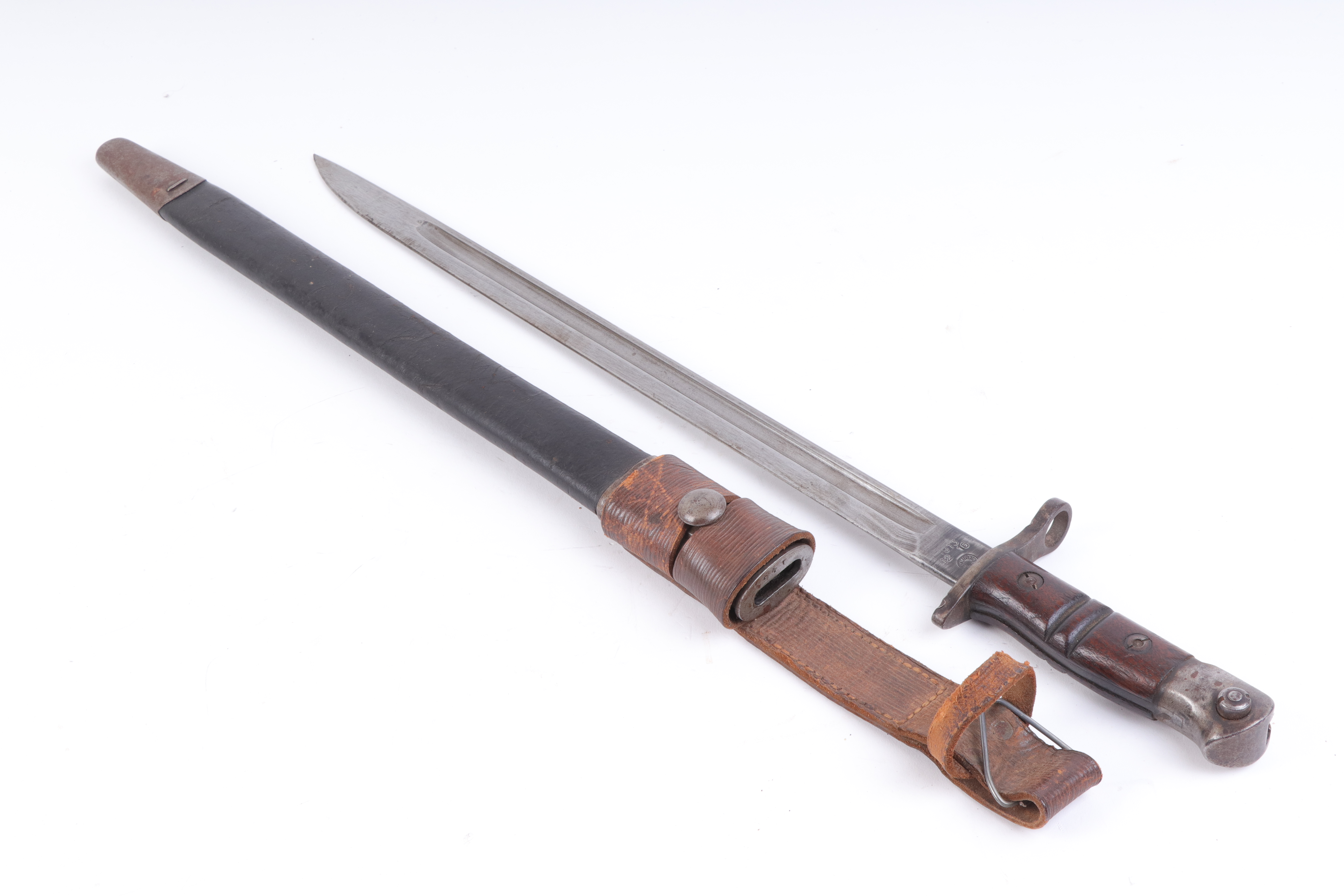 Remington 1913 bayonet dated 12-16, 16¾ ins single edged fullered blade, metal studded wood grips, i