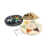 A contemporary oak star solitaire board, with coloured marbles, board 30cm, a contemporary German
