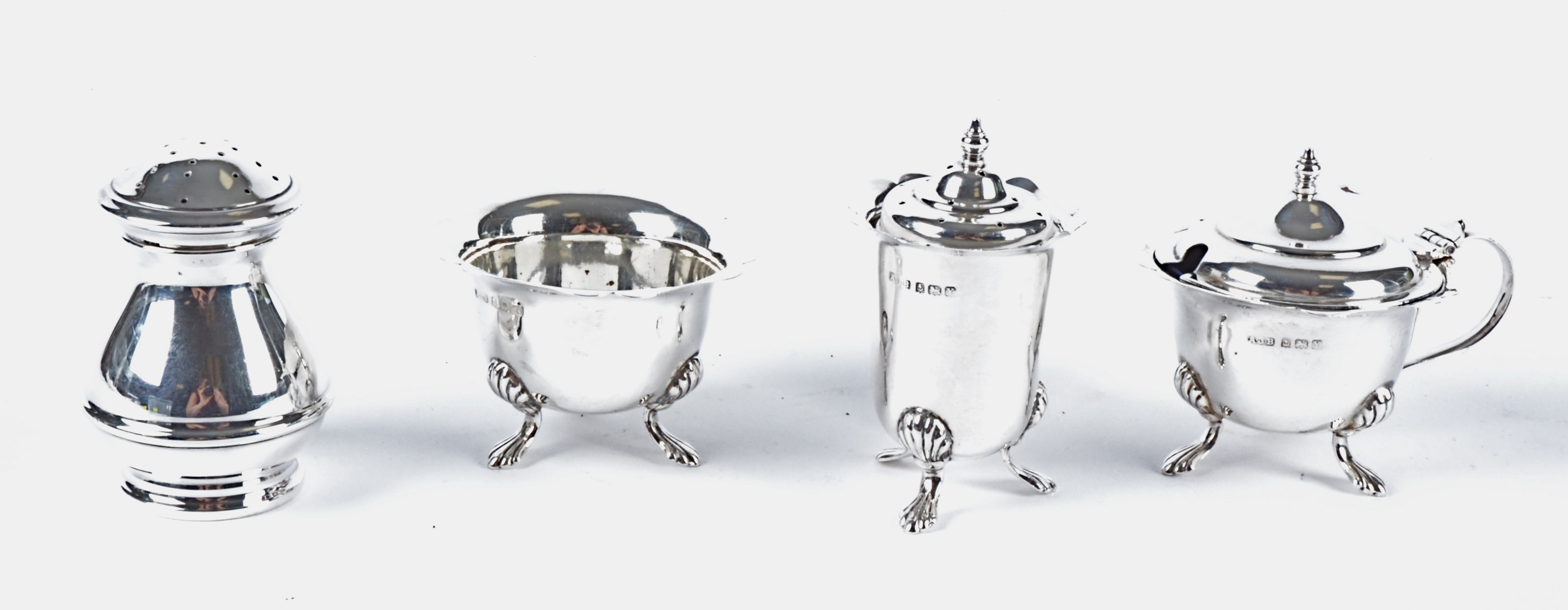 A George VI hallmarked three piece silver Birmingham cruet set, together with another pepper pot, - Image 3 of 3