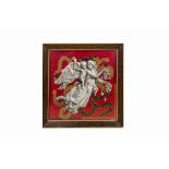 Victorian Bead Work Panel Angel and Cherub, framed and glazed depicting an angel and cherub in sepia