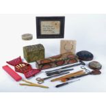 A collection of ladies accoutrements, including a boxed silver and bone crochet set, jewellery