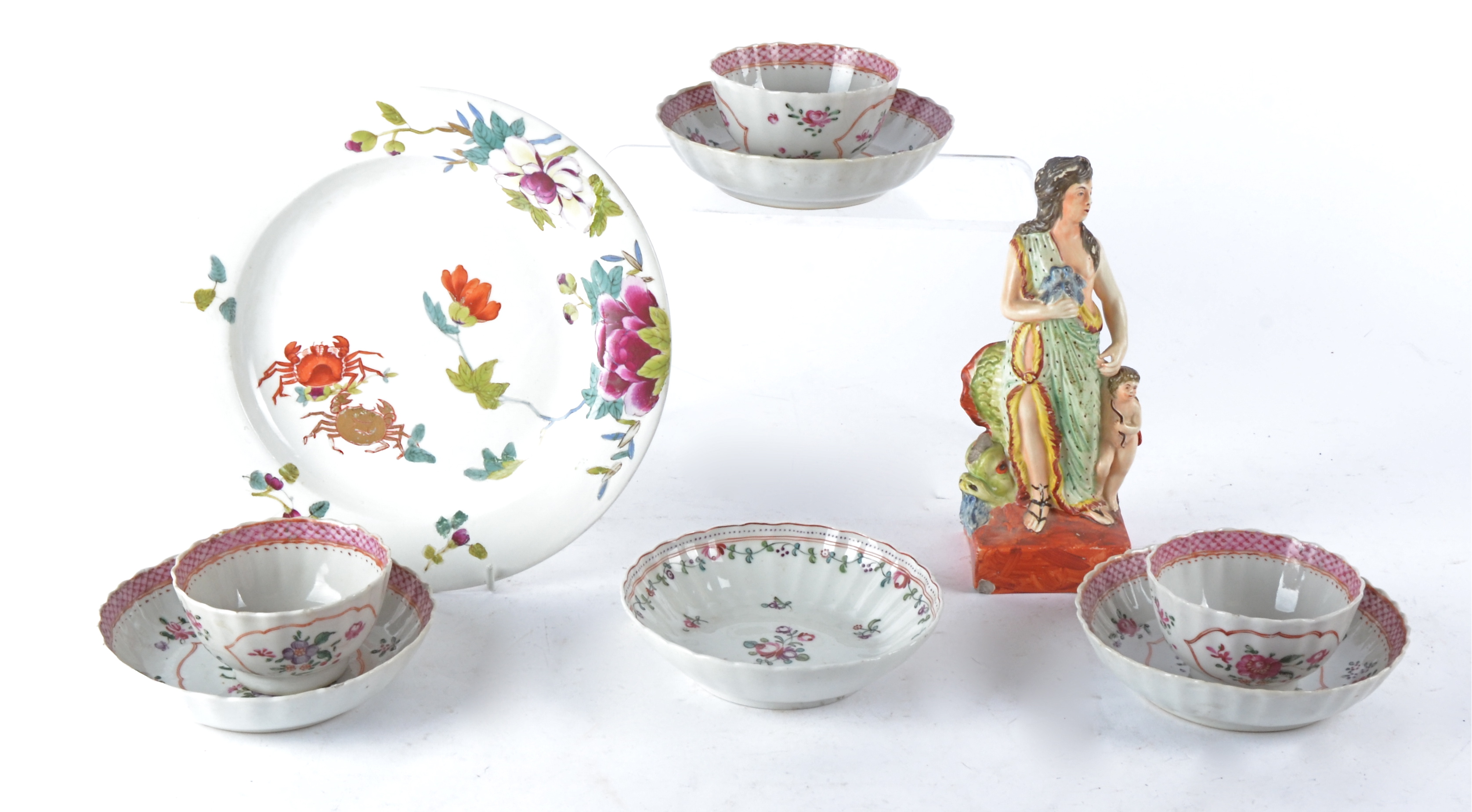 Three 18th Century Newhall porcelain tea bowls and saucers after Chinese export wares, each with