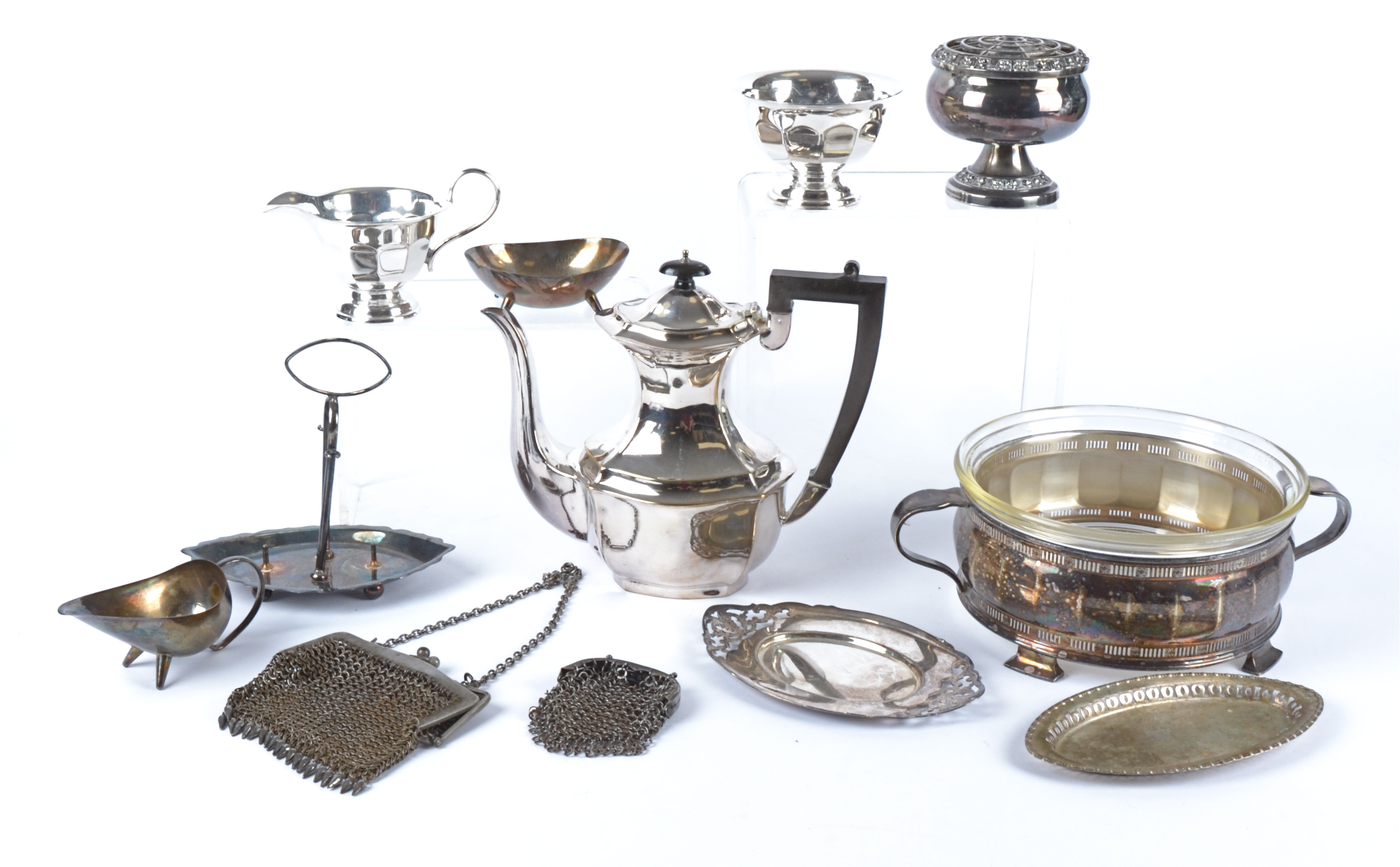 A quantity of silver plated wares to include mid century modern jug and sugar bowl on tapered