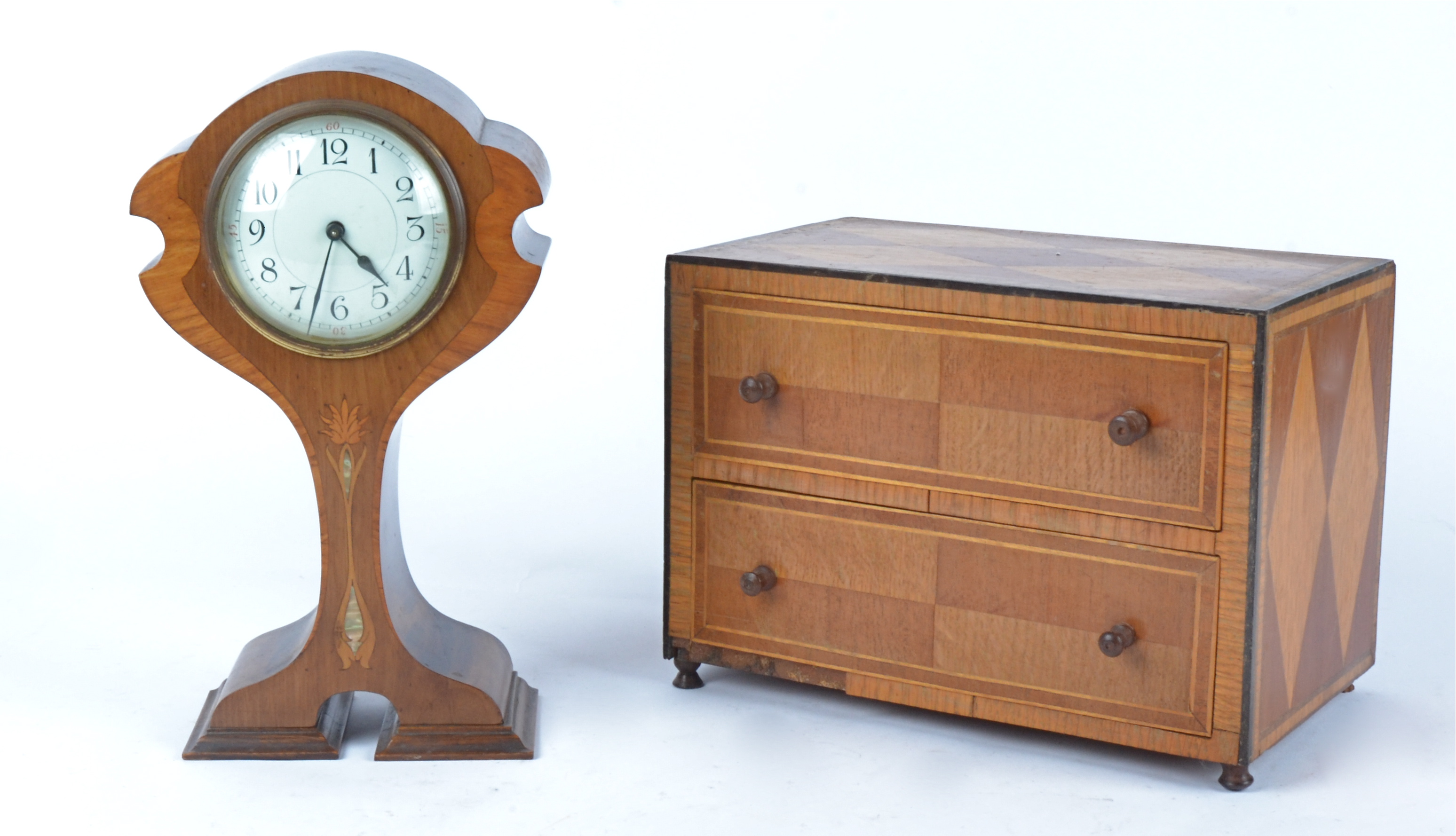 An Art Nouveau mantle clock of balloon form, circular enamel dial with Arabic numerals, the mahogany - Image 2 of 3