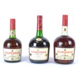 Two bottles of Courvoisier three star Luxe Cognac 40 fl ozs & 24 fl osz, together with a bottle of