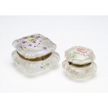 Two Art Nouveau frosted glass and enamel decorated dressing table boxes and covers, both with hinged