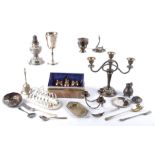 A quantity of silver plated decorative tableware to include a three branch Danish candlestick