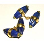 A pair of lapis lazuli cufflinks, terminating with emeralds, and mounted in gilt 925 silver links