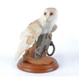 A Franklin Mint bisque porcelain sculpture of 'The Barn Owl', raised on a circular wooden stand,