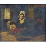 An early 19th Century oil on canvas, mother and child, unsigned, 24cm x 30cm, framed signs of