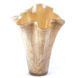 A contemporary glass vase, with brown marbled effect and a fluted rim, unsigned, height 34.5cm