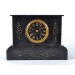 A 20th Century black slate mantel clock, black dial with gilt Roman numerals, marked 'Bagneries' and