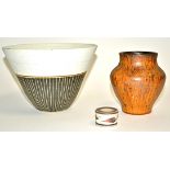 Three pieces of 20th Century studio pottery, a high fired stoneware vase with iron oxide marks and