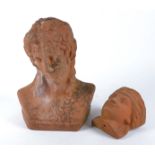 Two 20th Century terracotta female heads in the classical taste, for the garden, the largest a