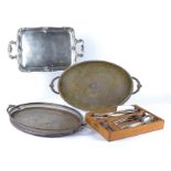 Three 20th Century twin handled silver plated trays, the largest 56cm x 31cm, together with an