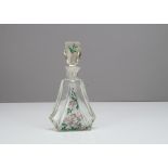 An Art Deco glass decanter with enamel decoration by Josephinehutte, of triangular flattened form