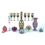 A collection of contemporary glassware, including an Italian Venetian Murano Millefiori design