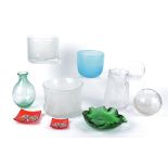 A selection of contemporary glassware, including two Murano glass square dishes decorated with