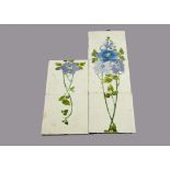 A five tile Rhodes Tile Company picture tile group, depicting a blue flowering plant with sinuous