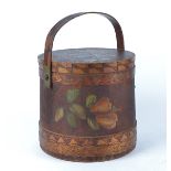 A 20th Century pokerwork wooden cylindrical casket with decoration of fruits, height 34cm,