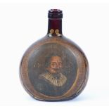 A circular brown glass bottle with hand painted portrait of Hugo De Groot with a painted inscription