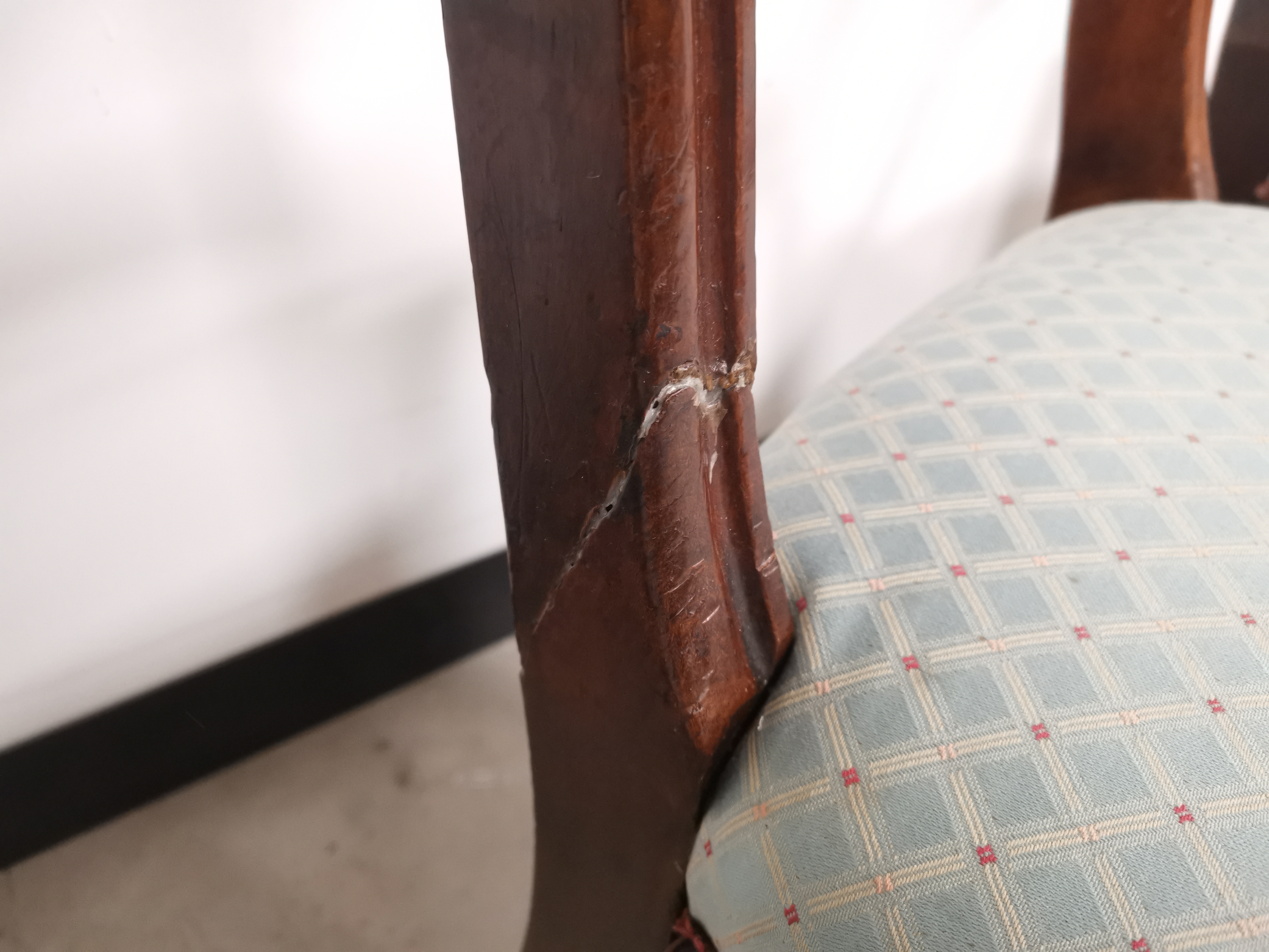 Set of six Victorian mahogany dining chairs, with light blue upholstered seats