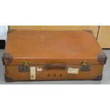 An early 20th Century pine panelled shipping trunk, with two leather straps and partial Cunard
