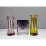 A contemporary mauve hand blown square vase, 15cm high x 12cm wide x 6cm deep together with a