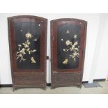 An Oriental lacquered two fold screen, carved surround, birds and foliate bone inlay decoration