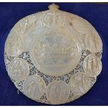 A 19th Century mother of pearl pilgrim dish, with oval cartouche of the last supper, surrounded by