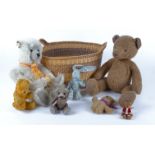 Six contemporary teddy bears, one a British 'Bear Loom by Meggie' height 34cm and a cloth rabbit, in