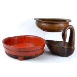 A quantity of Asian and Eastern woodwork and treen, including a large lidded pot modelled as a duck,
