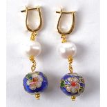 A pair of pearl and lapis lazuli earrings, with cloisonné formed floral design (pair)