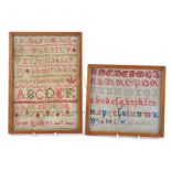 Two 19th Century cross stitch alphabet samplers, one by 'M.C.W. April 1852', 18.5cm x 20.5cm, the