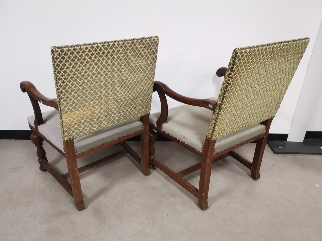 A pair of 'Boet' oak framed lounge chairs, with scroll arms, green upholstery (faded). Floor to - Image 3 of 5