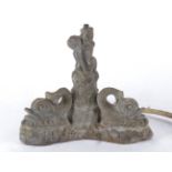 A cast metal garden water feature in the form of a cherub with three mythical dolphins, 26cm x 30cm,