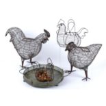 Two wire-work topiary frames in the form of chickens, tallest 48cm, together with trays and others