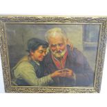 An Italian school oil on board, a grandfather and grandson smoking a pipe, internal dimensions,