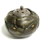 A Japanese bronze koro, of lotus bud form, kin-zogan gold-splashed, shibuichi and hon-zogan with