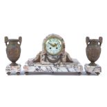 A 20th Century marble effect three piece clock garniture, white enamel dial with Arabic numerals, on